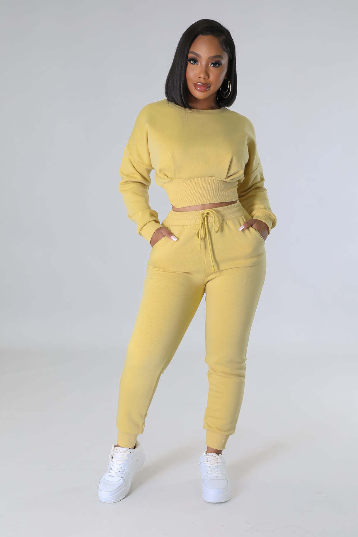 solid color threaded fleece sweatshirt and sweatpants two-piece set NSLML136476