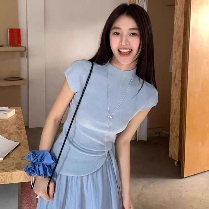 2026 New Summer Style Slim-Fit Knit Top Versatile Elegant Tie-Neck Half-High Collar Slimming Short-Sleeve Simple Fashion Top