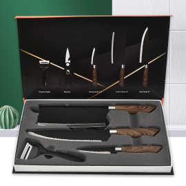 披覆手柄不锈钢刀具套装带大菜刀锤纹五件套黑色锻打彩色礼盒刀具