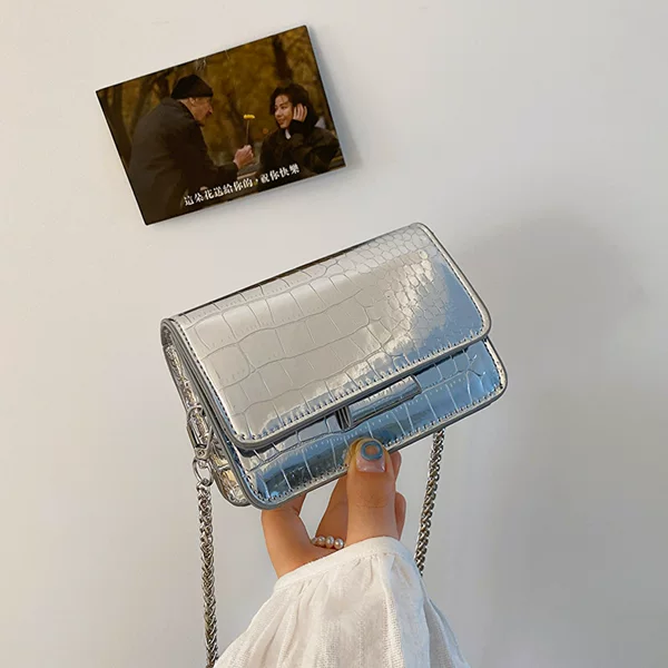 Texted Stone Pattern Chain Bag 2023 Summer New Casual Western Style Shoulder Bag Patent Leather Glitted Crossbody Small Square Bag