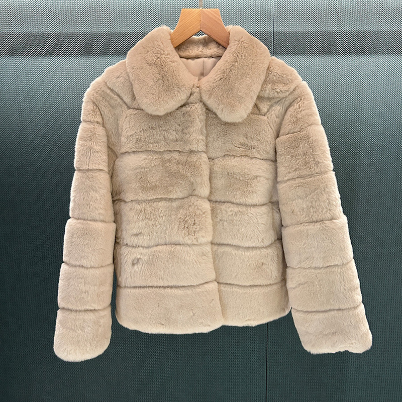 2026 Winter New Style Milk Apricot Color High-End Rex Rabbit Fur Coat for Women with Doll Collar