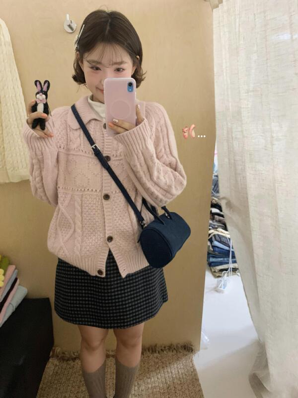韩系甜美温柔粉色针织开衫毛衣女2025秋季翻领慵懒风外搭上衣外套|undefined