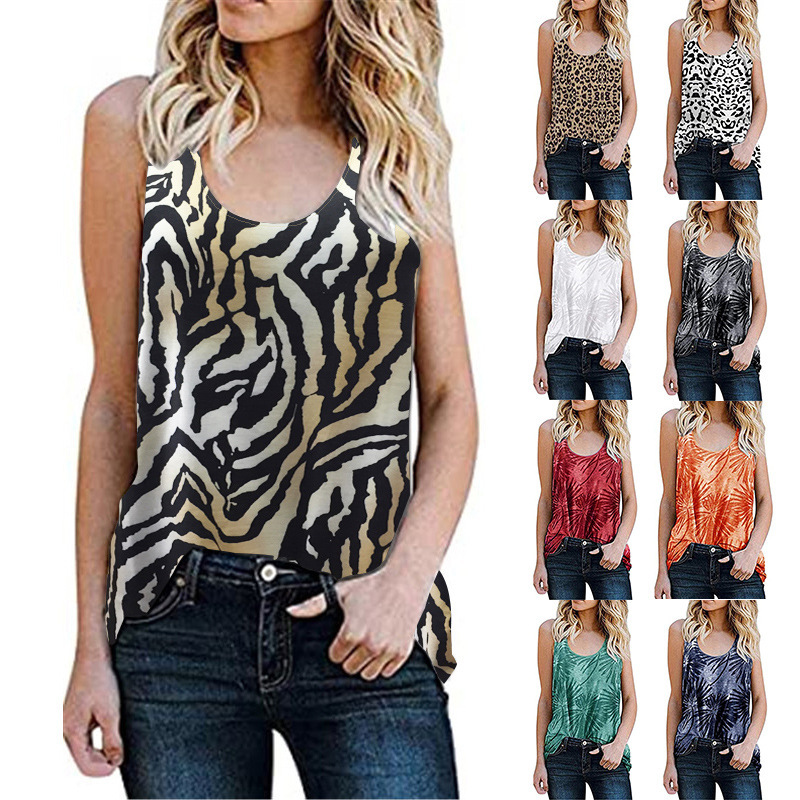 2026 Summer European and American Cross-Border Women's Casual Round-Neck Sleeveless Vest Leopard Print Floral Distressed T-Shirt Women's Top 2026 Summer European and American Cross-Border Women's Casual Round-Neck Sleeveless Vest Leopard Print Floral Distressed T-Shirt Women's Top