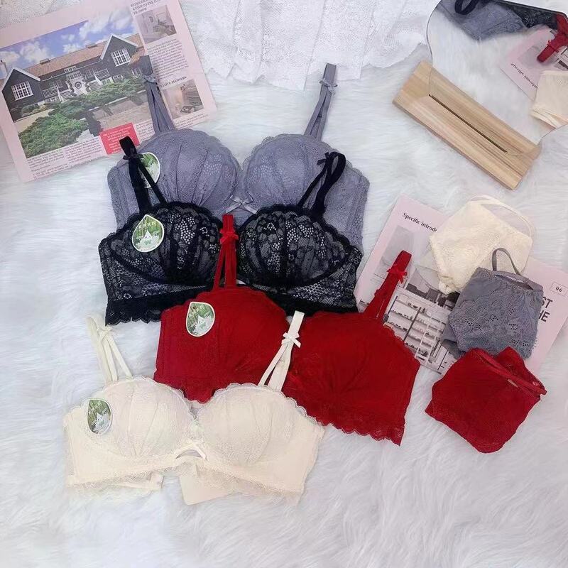3312 girl's pure desire style exquisite sexy lace small chest push up thickened peach underwear wireless bra suit