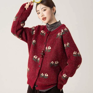 2026新款复古百搭玫瑰厚毛衣外套韩系小众宽松针织开衫田园风女装