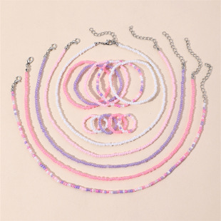Cross-border European and American children's jewelry bohemian style colorful rice beads handmade beaded necklace bracelet ring suit