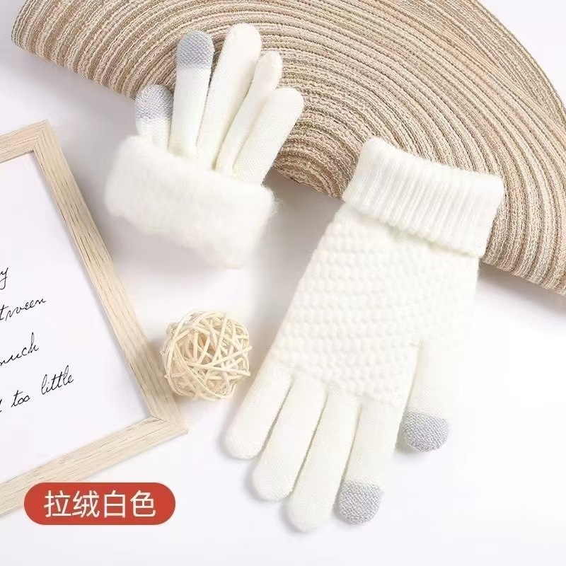 女性用冬用手袋、ベルベットで厚く、5本指の学生、かわいいニットの防寒サイクリング、タッチスクリーンの暖かいサイクリンググローブ|undefined