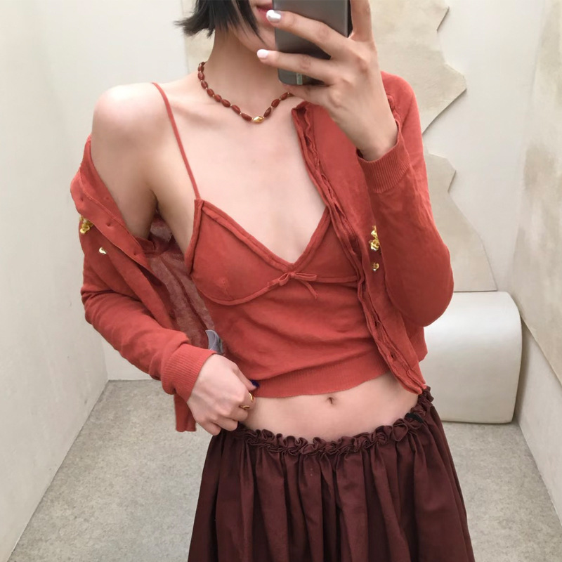 [in Stock] 2026 Summer New Style Low-Cut Bowknot Slim-Fit Short Outerwear Knit Camisole 26355