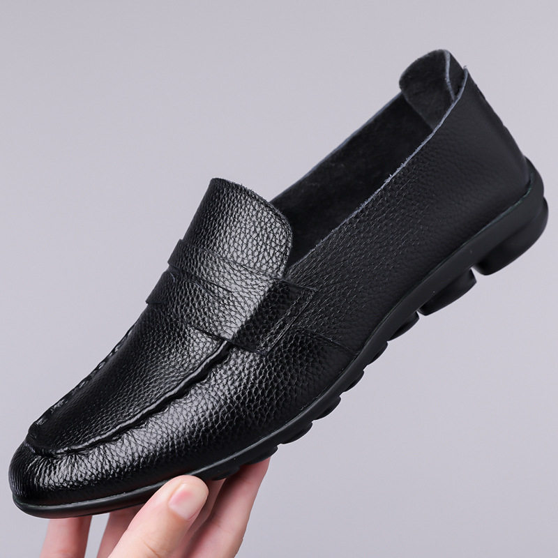 Giày lười nam da bò mũi tròn thoáng khí kiểu Hàn Quốc dễ phối đồ — Giày GX1618 màu nâu, Giày đậu GX1618 màu đen