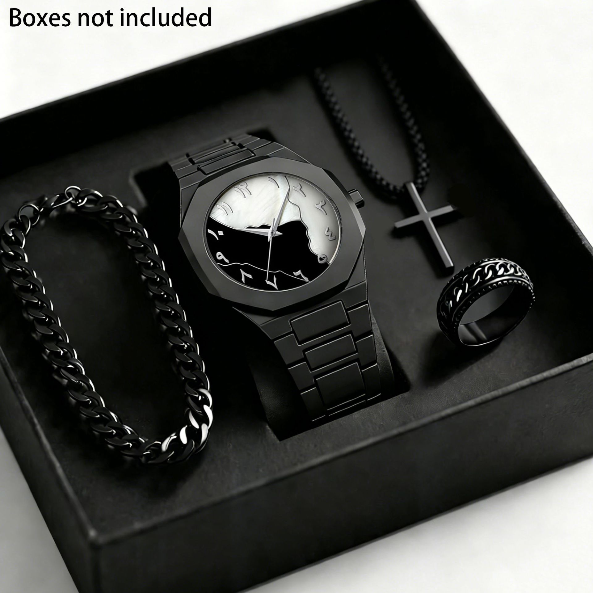 Transfronterizo explosión de moda de Oriente Medio relojes de cuarzo de moda de hombre relojes de pulsera negros anillo collar conjunto caja de regalo image 8