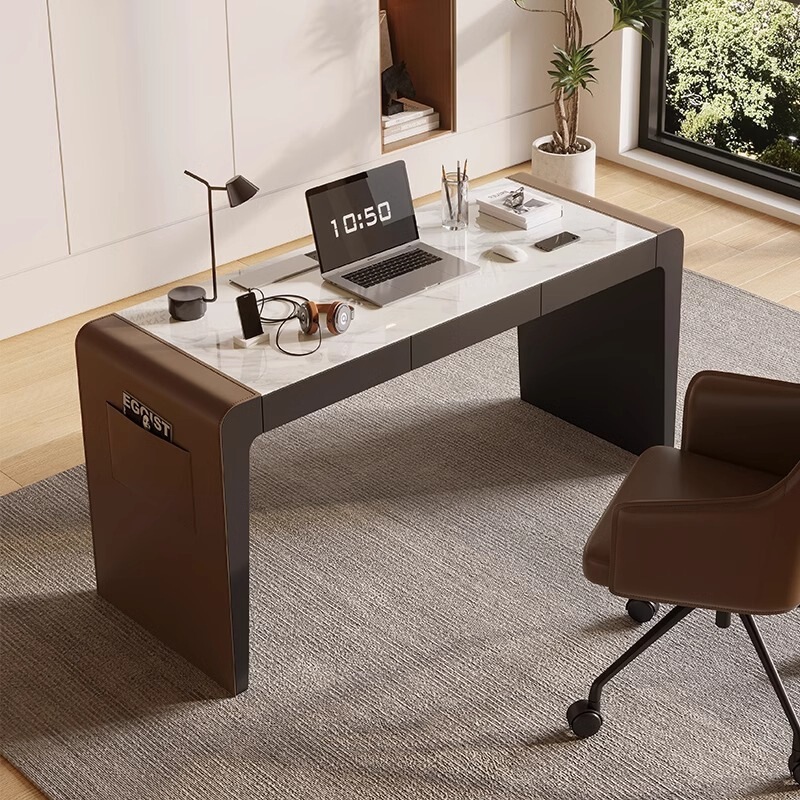 Ber616 Italian-Style Minimalist Slate Desk, Light Luxury Modern Home Study Desk, Designer Saddle Leather Bedroom Desk