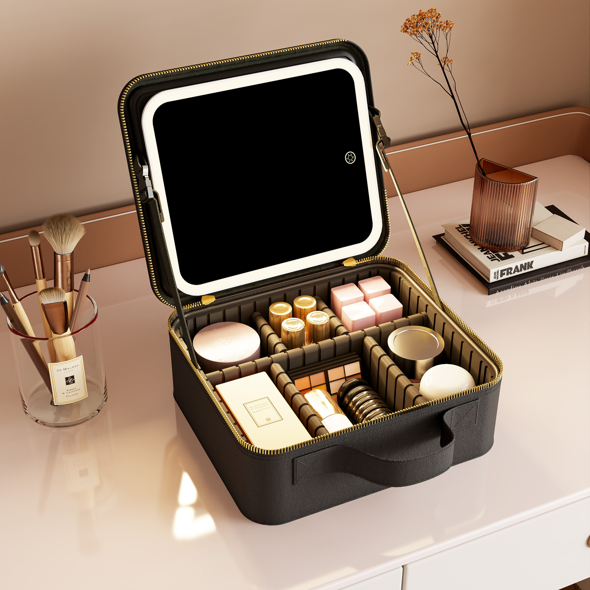 旅行化妆箱镜子带灯充电款便携式化妆品整理收纳箱灯镜LED化妆镜