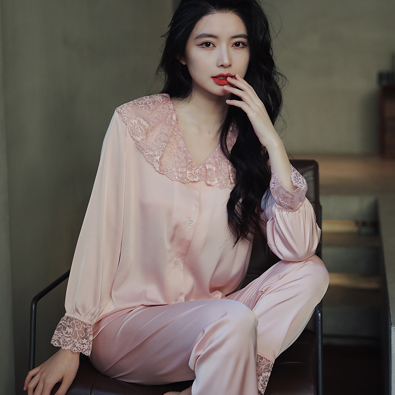 Doll collar Ice Silk long-sleeved pajamas women's lace suit sweet princess style home wear silk TikTok delivery