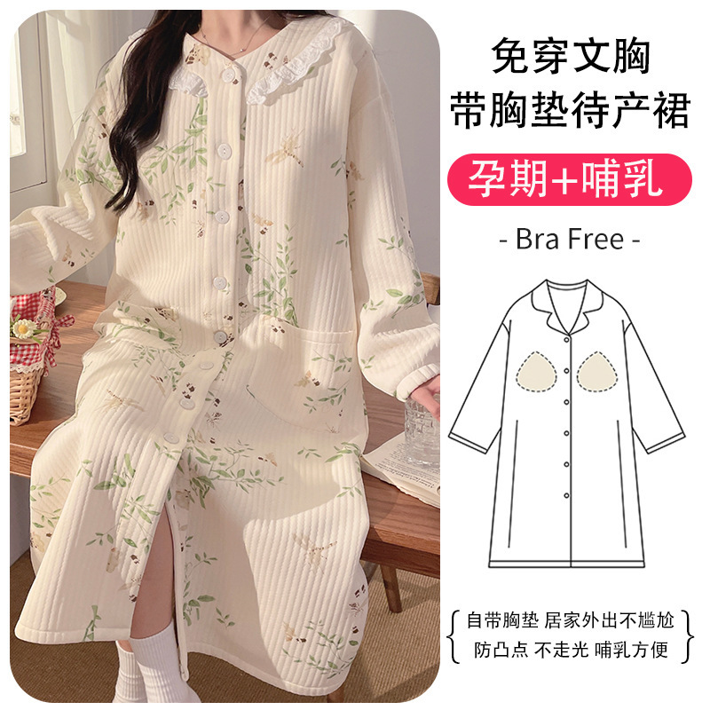 Air Cotton Maternity Dress Nursing Nightdress Moon Dress Spring Autumn and Winter Thickened Postpartum Feeding dress Long Sleeve