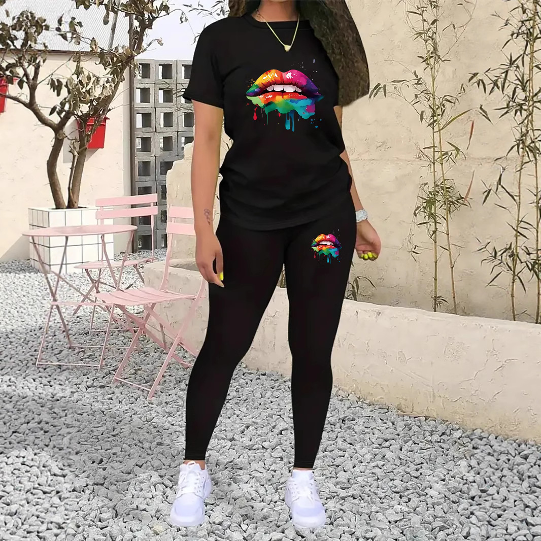 9500Wa87 European and American Women's Short-Sleeved Pants Spring & Fall Women's Printed Personalized Casual Sports Gradient Suit Loose