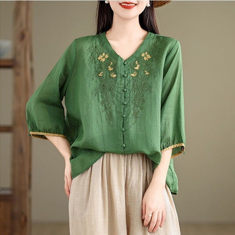 Middle-Aged and Elderly Embroidered Stand-Up Collar Shirt Green Navy Blue Orange Pink Pullover Style Spliced ​​Sleeveless Princess Sleeve Mercerized