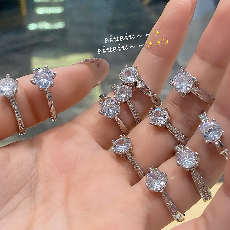 Fashion full zircon opening adjustable simple six-claw round ring wholesale