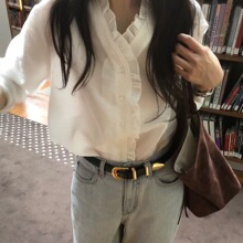 韩国ins早秋新款法式气质V领时尚休闲边长袖衬衫女上衣小衫女上衣