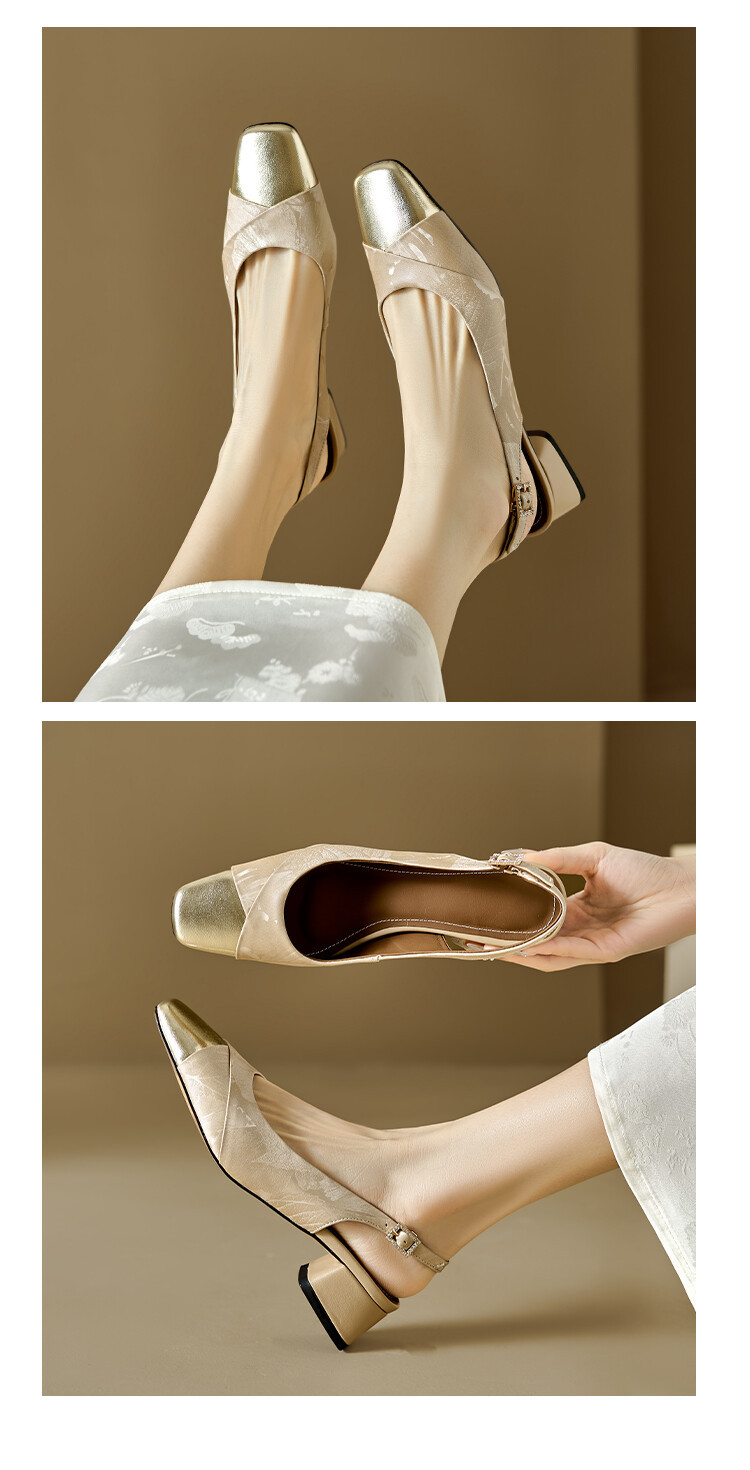 Sandal bít mũi nữ da bò phối màu gót thô 5 cm — Màu xanh lá, Màu mơ chi tiết 13