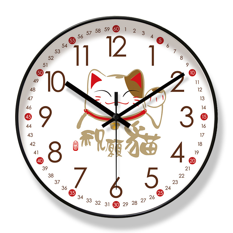 易普拉6671簡約可愛清新掛鍾客廳鐘錶貓咪北歐時鐘靜音掃秒石英鐘