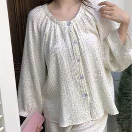 韩国ins女士春秋韩系田园小碎花宽松大码双层棉纱家居服睡衣套装