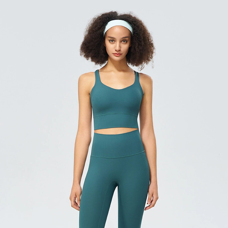 Ropa interior deportiva acanalada, taza fija para mujer, espalda hermosa cruzada de alta elasticidad, sujetador de yoga a prueba de golpes, chaleco de secado rápido de fitness
