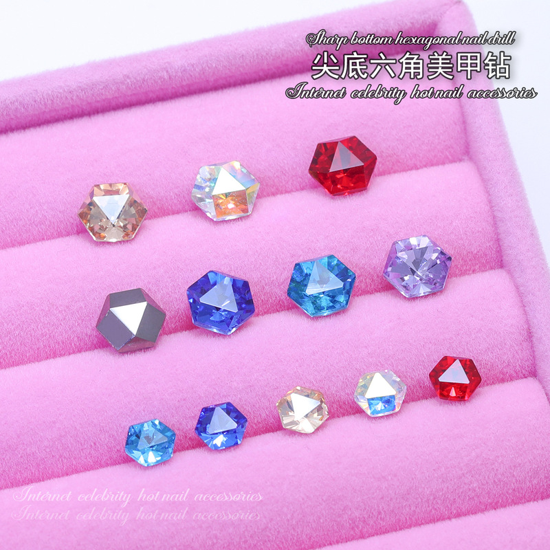 Hexagonal Manicure Diamond Crystal Pointed Bottom Special-Shaped Diamond Transparent White Super Flash Nail Accessories Glass Rhinestone Jewelry Wholesale