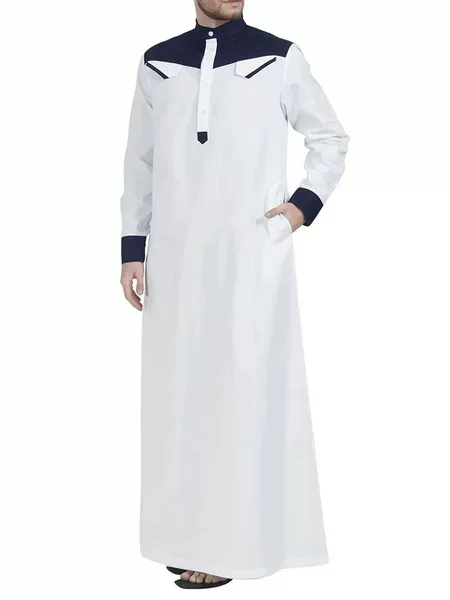 Men's Oversized and Extended Length Button-Up Stand-Collar Robe with Color-Blocking, Loose-Fitting Long Gown