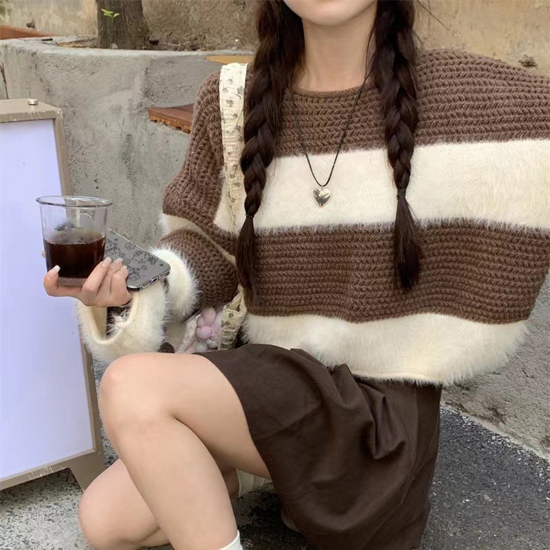 毛衣女复古宽松针织衫秋季感女装撞色拼接新款设计仿貂毛软糯条纹|undefined