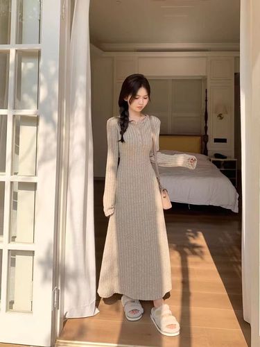 Large size women's base solid color long-sleeved knitted dress fat mm slim winter plus velvet thickened French long skirt