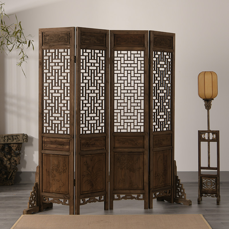 Solid Wood Screen with Floral Grid Background Wall for Tea Room, Traditional Chinese Medicine Hospital, Hollow Carved Screen for Entrance, Floral Grid for Photography Clinic