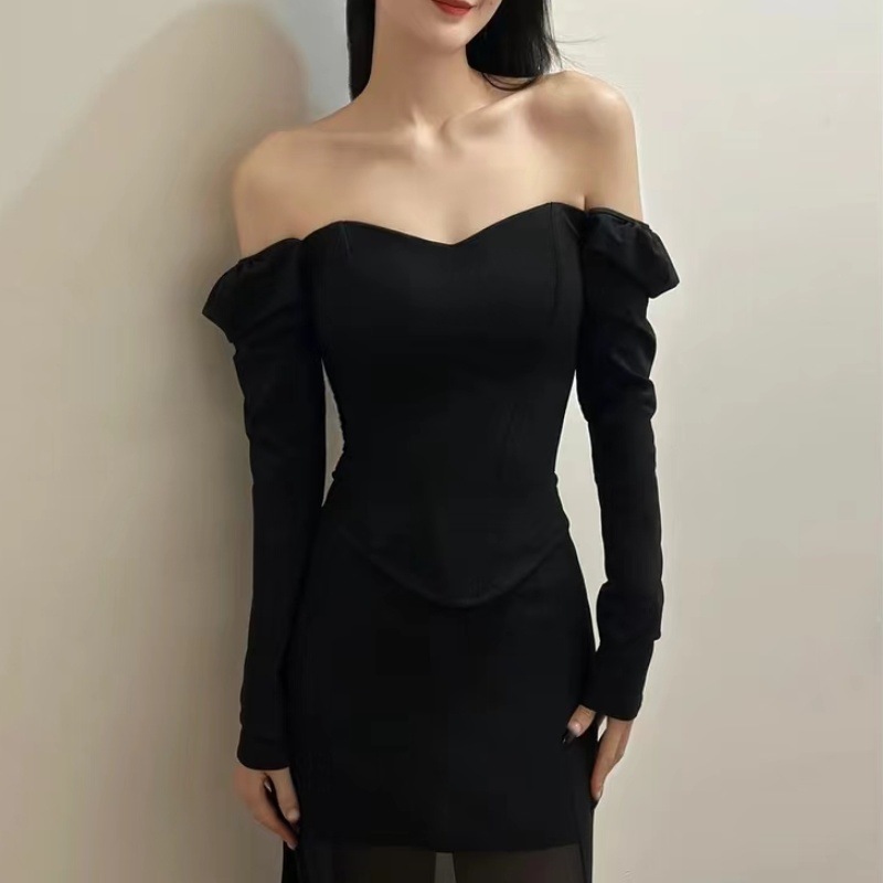 2024 principios de otoño moda chica caliente hueso de pescado sexy corto delgado clavícula descubierta temperamento francés camiseta de manga larga