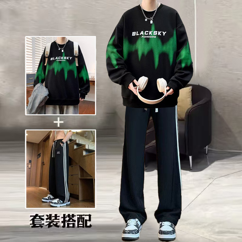 Men's Casual Sports Suit Autumn 150kg Trendy Fashion Loose Sweatshirt Straight Pants Two-Piece Set