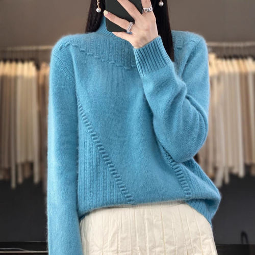 Women's Solid Color Thickened Bump Wave Knit Sweater Korean Style Hooded Semi-High Neck Top Layer Outerwear Fashion Base Shirt Women Trendy