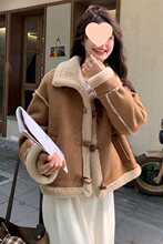 学院风机车皮毛一体羊羔毛外套女冬新款小个子宽松加厚鹿皮绒