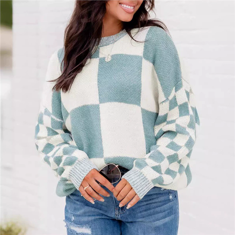 Утепленный женский пуловер в европейском и американском повседневном стиле, лоскутный свитер с длинными рукавами в клетку, узор в клетку, трансграничная торговля, размер 2025, поддержка заказов.