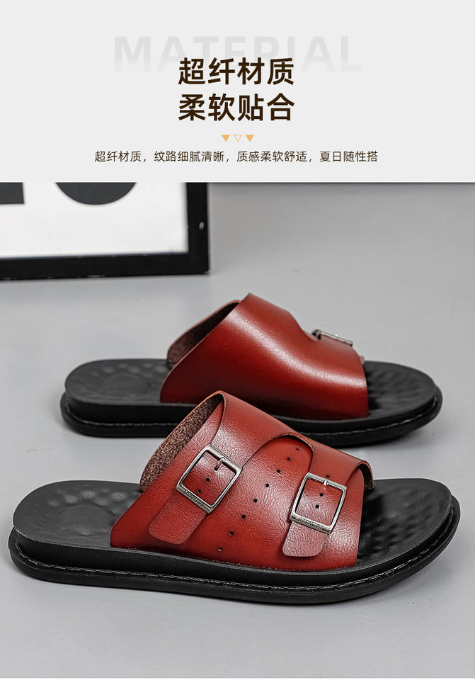Dép sandal nam hở ngón cỡ lớn da PU chống trượt, dép lê đi biển thoáng khí — Toàn bộ màu đen, Đỏ rượu vang chi tiết 10