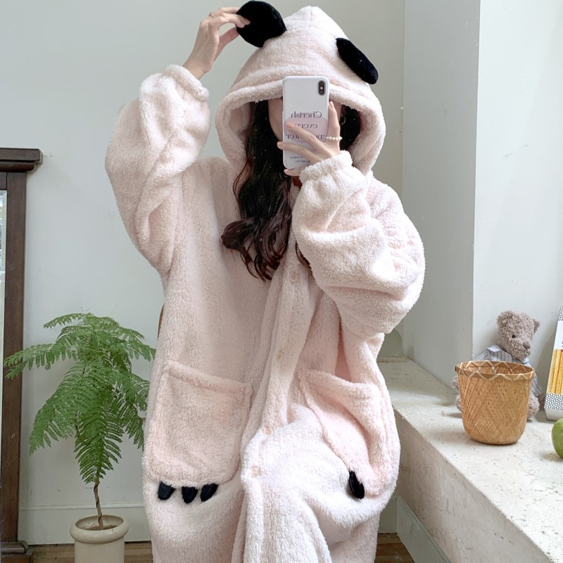 2024 camisón de lana de coral de las mujeres de otoño e invierno largo más el tamaño con capucha, además de terciopelo Albornoz pijamas chaqueta desgaste del hogar transmisión en vivo