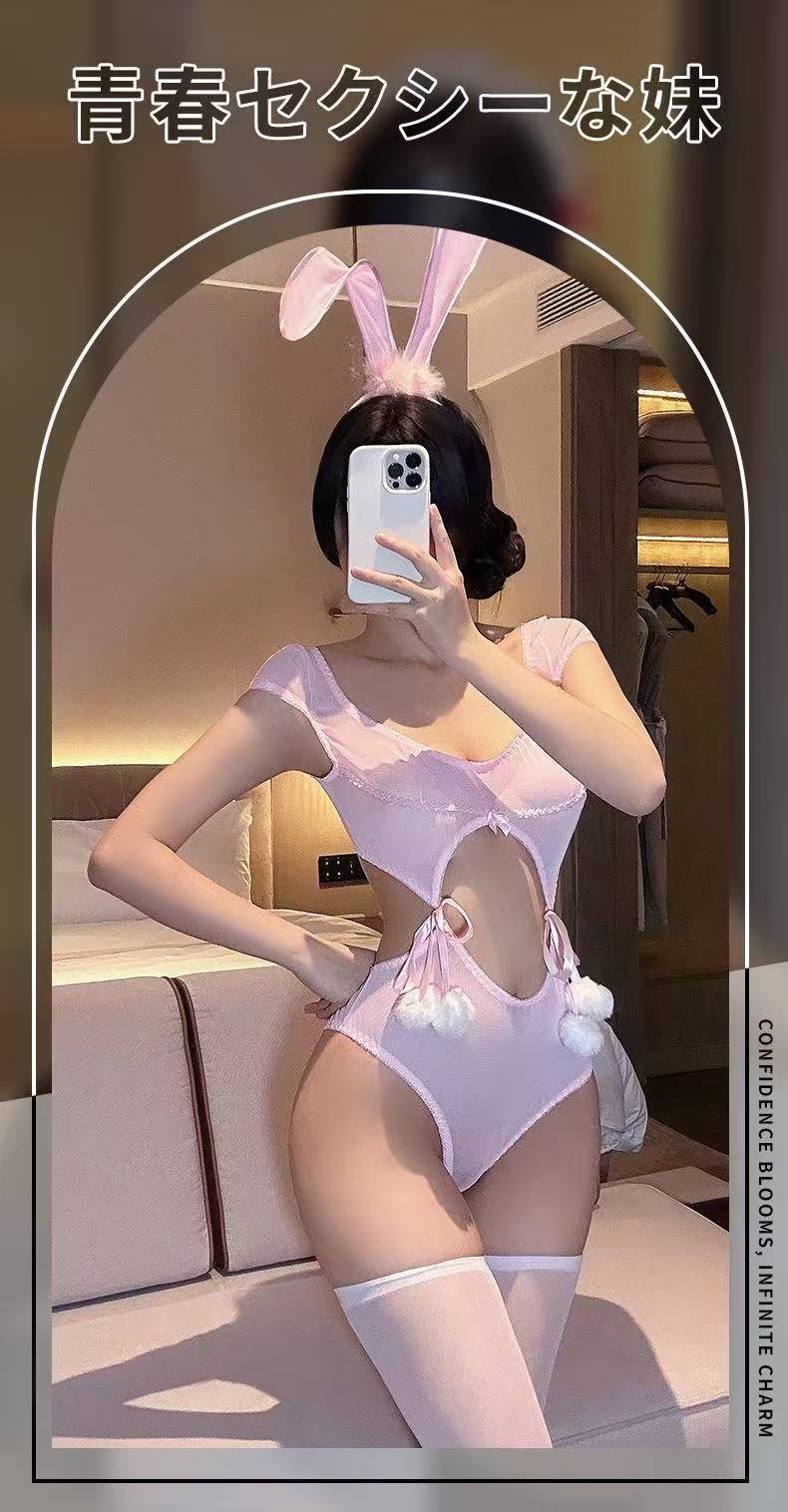 Bunny Girl Bodysuit Costume Set with Ears and White Stockings, Grey Sheer Polyester — detail image 2