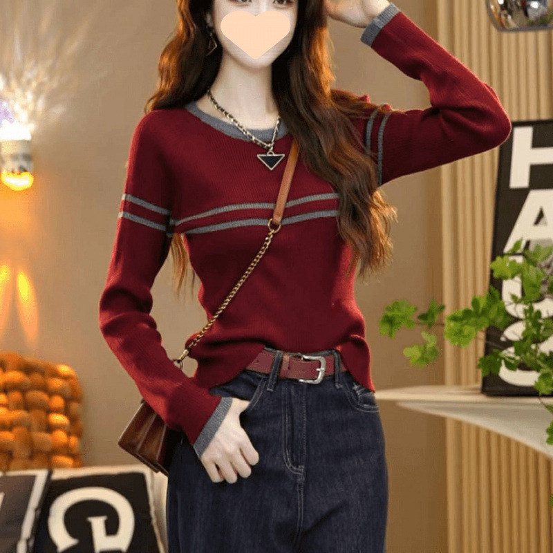 Contrasting striped round neck long sleeve thin sweater sweater new autumn versatile slim fit slim base top for women
