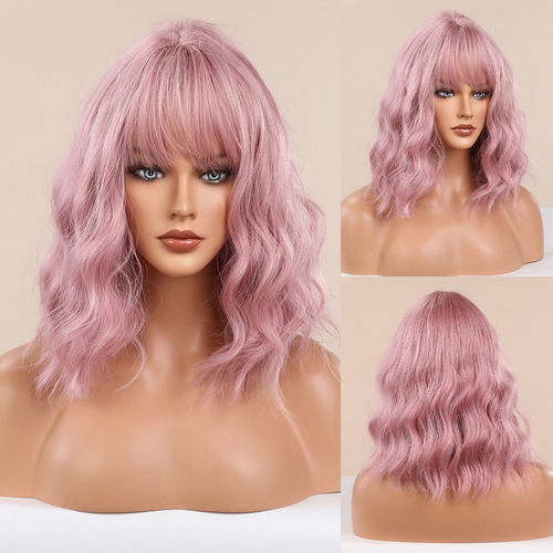 Amazon cos European and American hot selling full bangs cute cherry pink short curly Bob head natural women's chemical fiber wig