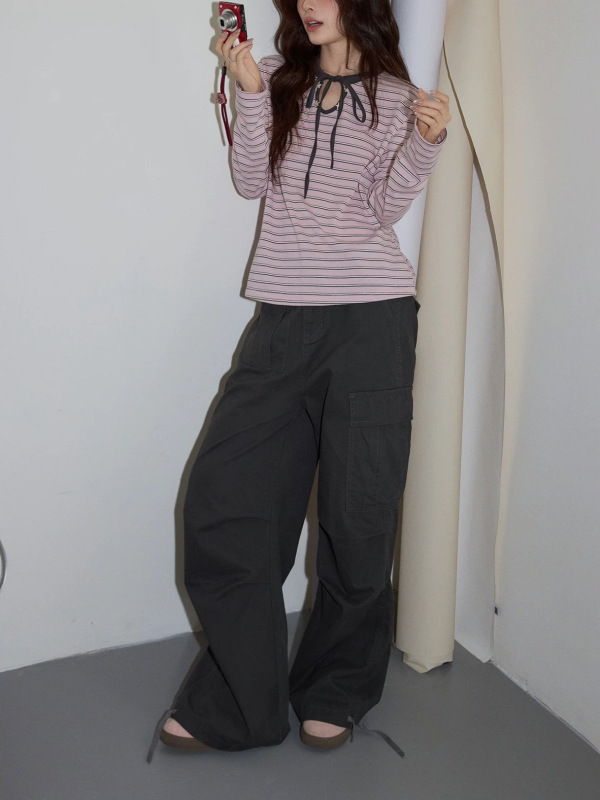 吵吵粉色条纹圆领T恤女2025秋气质宽松休闲显瘦长袖内搭上衣|undefined