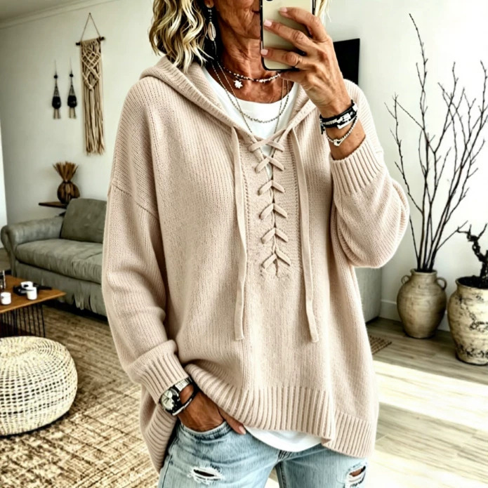 European and American style cross-strap V-neck hooded knitted sweater, loose-fitting solid color pullover for autumn and winter, cross-border women's top