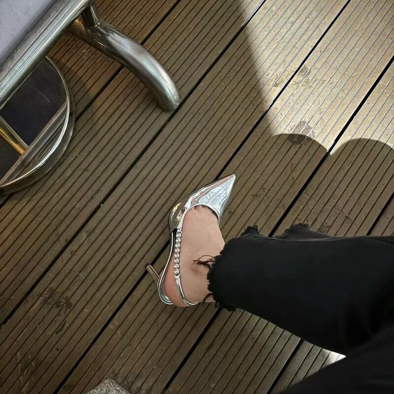 2025 Autumn New Silver High Heels Design Niche Fairy Style Rhinestone Chain Back Hollow Baotou Sandals for Women