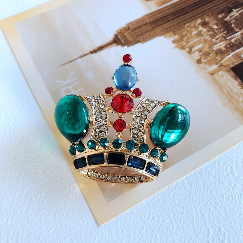 Cross-border Fashion Exquisite Crown Brooch For Women, Vintage Western-style Colorful Gemstone Studded Pin, Hollow-out_voghion.com