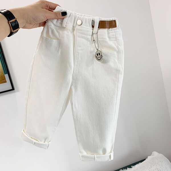 White children's autumn denim trousers for boys