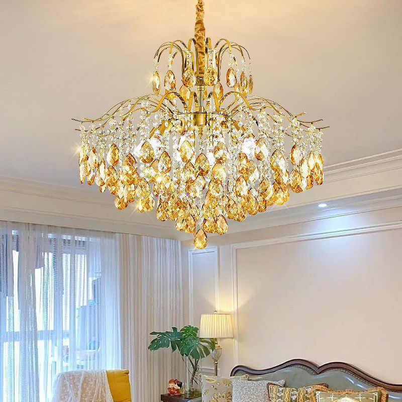 European-Style Light Luxury Crystal Chandelier for Hotel Villa Living Room, Simple and Elegant Gold Iron Pendant Light for Dining Room and Bedroom European-Style Light Luxury Crystal Chandelier for Hotel Villa Living Room, Simple and Elegant Gold Iron Pendant Light for Dining Room and Bedroom