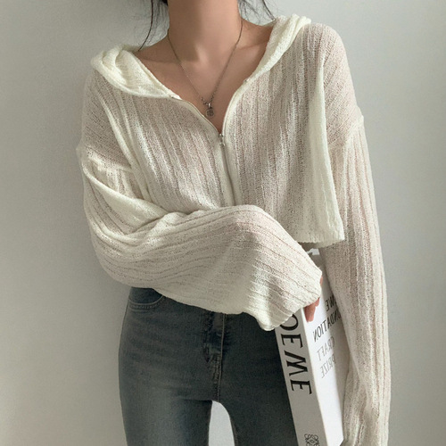 Early Spring 2025 Korea Chic Versatile Hooded Short-Sleeve Long-Sleeve Knit Sweater Thin Jacket Top for Women