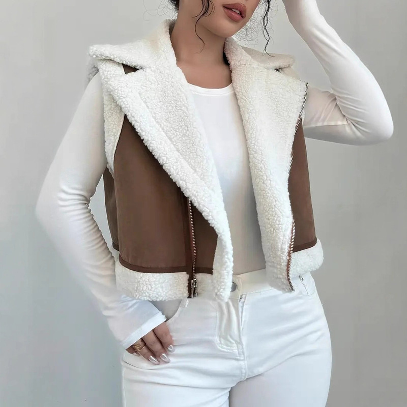 European and American Cross-Border Fur Integrated Lamb Wool Vest for Women, Fashionable Autumn and Winter Lightweight Vest Motorcycle Jacket for Women