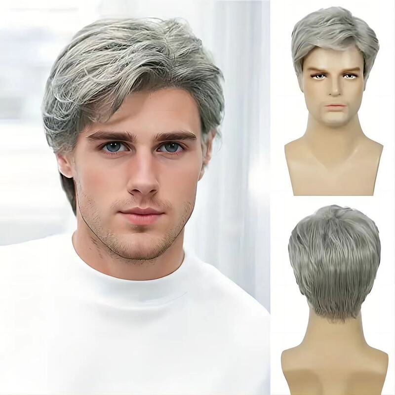 Cross-Border European and American Men's Wigs, Handsome Fluffy Short Hair, Grandma Gray Wig, Chemical Fiber Headgear, Man Wig Hair Replacement